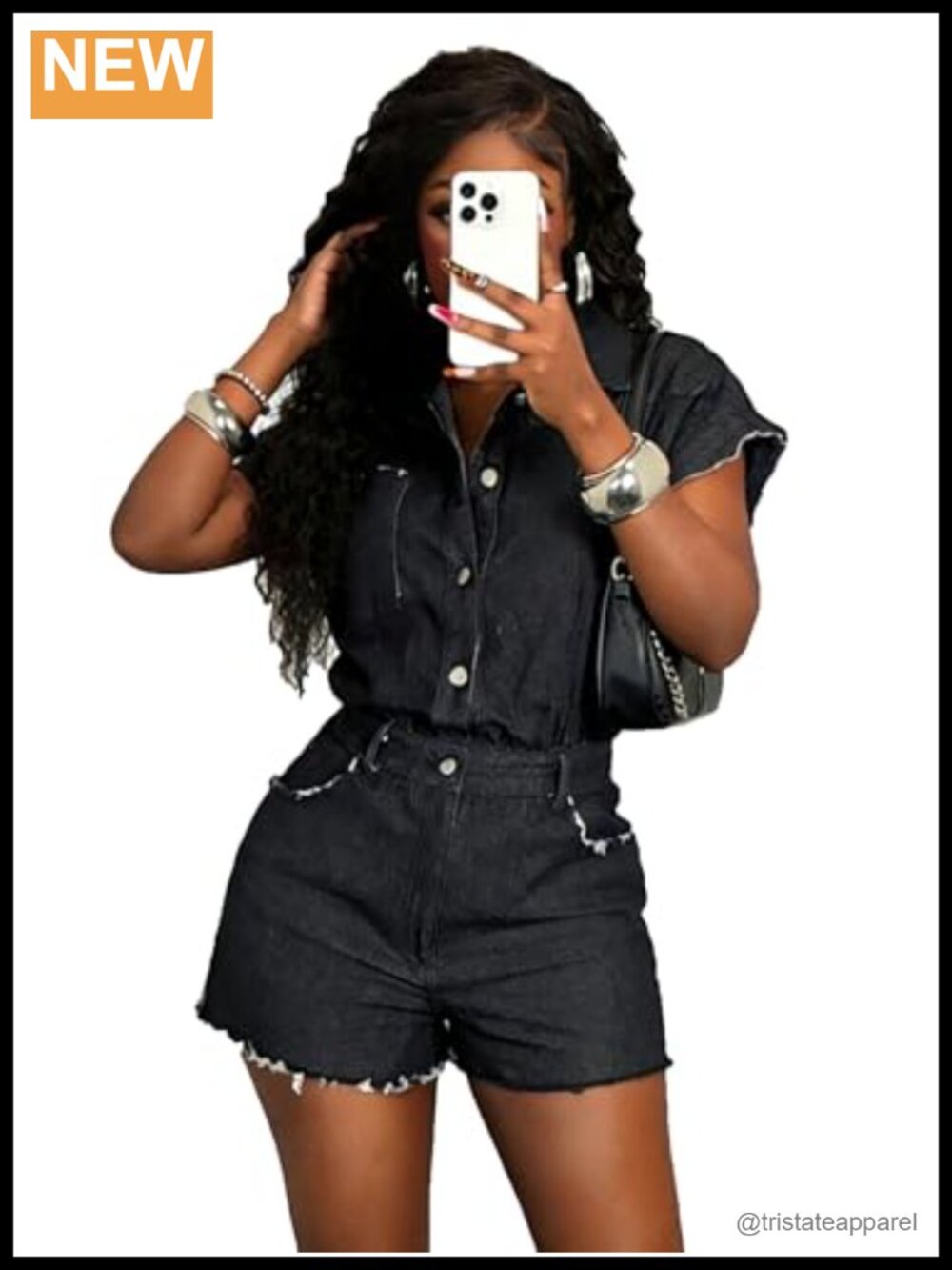 Black Denim Romper Jumpsuit Skinny Fit Button Down Cap Sleeve